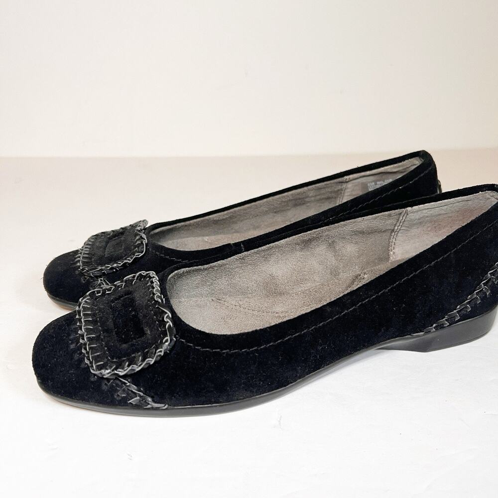 SZ 6 Aerosoles Woman’s Black Low Heel Suede Leather Slip On Loafers
